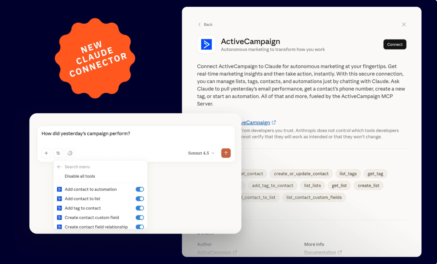 ActiveCampaign is now an official Claude Connector (November 6, 2025)