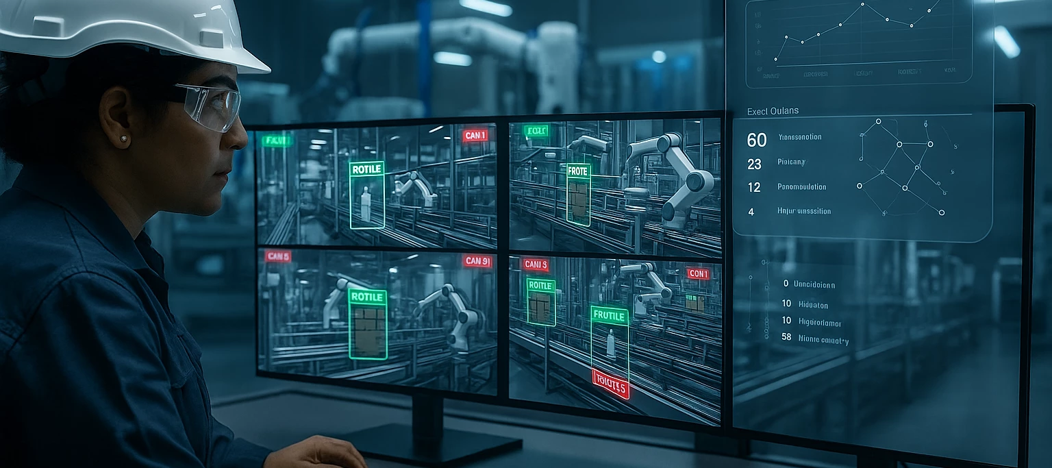 Factory technician monitors AI video inferencing detecting defects