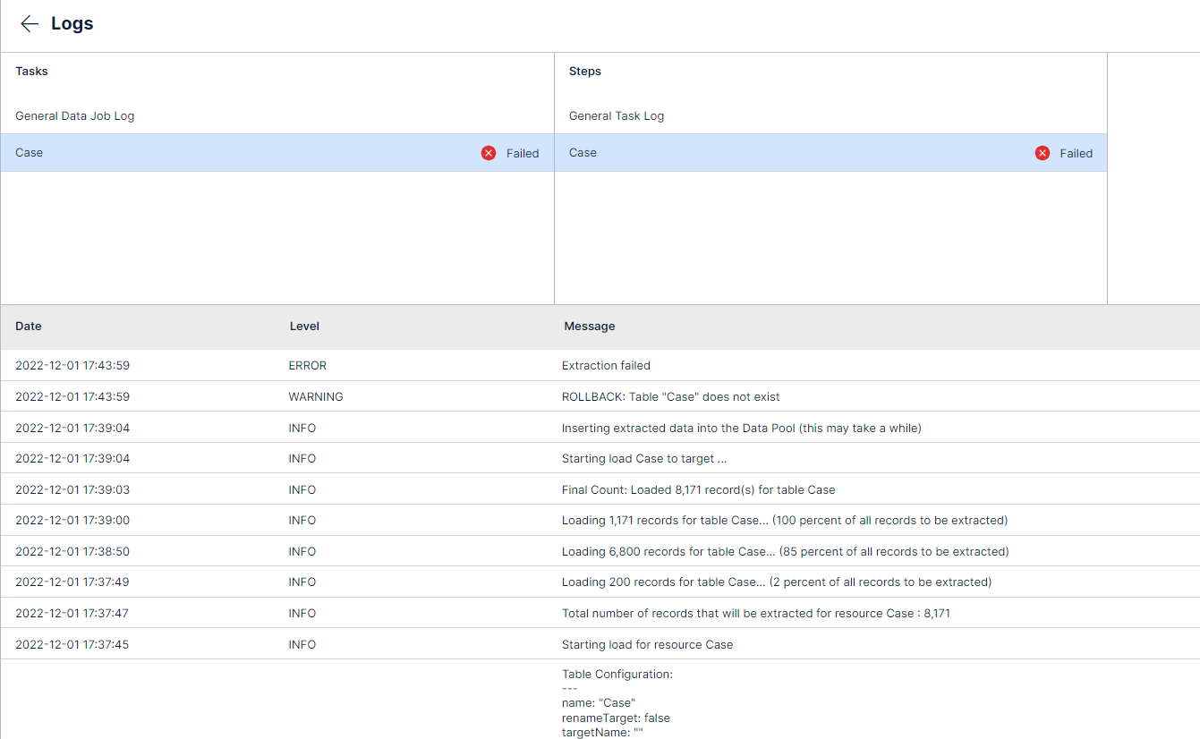 ROLLBACK: Table "Case" does not exist