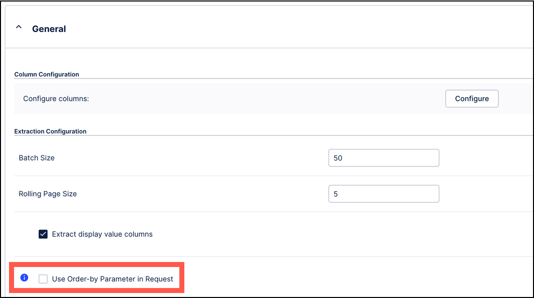 Order-by parameter option selected in the Service Now Extractor screen