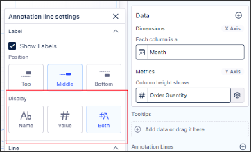 The display options Name, Value, and Both in the annotation line settings.