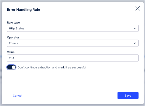 The error handling rule lets you specify a rule type, operator, and value, and the option to stop the extraction and mark it as successful.