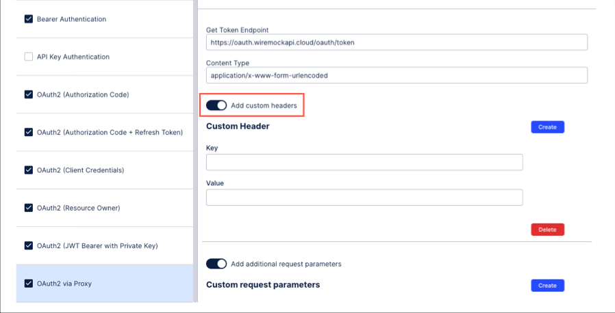 The Add custom headers selector is highlighted, with key and value fields to create a custom header.