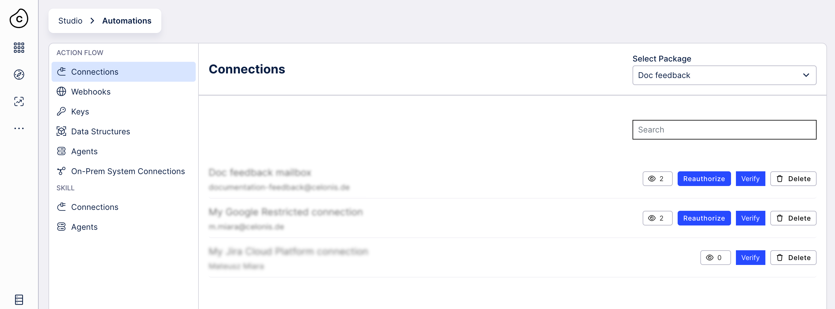 The Connections interface for Action Flows, showing the buttons to reauthorize credentials.