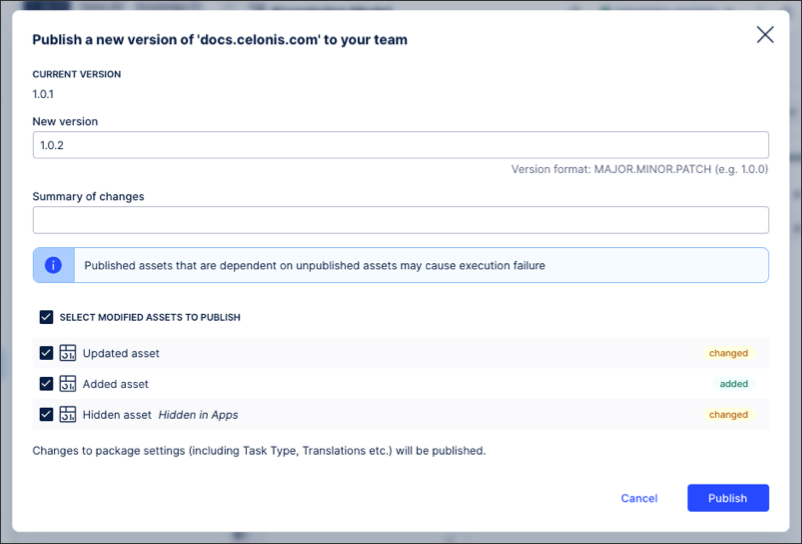 Studio package publishing dialog box, showing "changed" in yellow next to modified assets, and "added" in green next to a new asset.