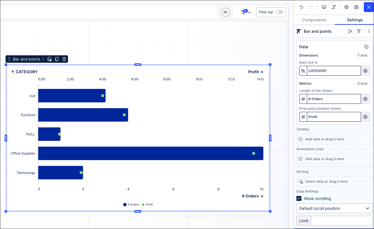 An example bar and points chart in Studio, with the Settings panel.