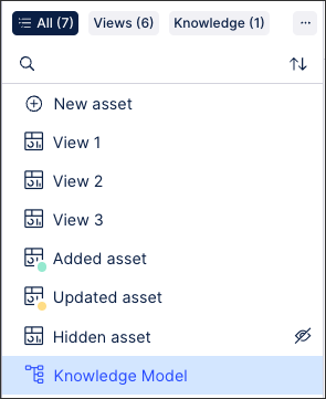 Studio package navigation, showing a green circle on the icon for an added asset, a yellow circle on the icon for an updated asset, and a crossed-out eye symbol next to a hidden asset.