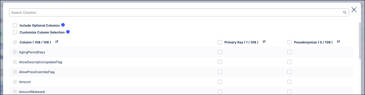 The column listing with the Include Optional Columns and Customize Column Selection checkboxes at the start of the list.