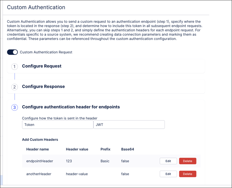 The Custom Authentication wizard, where you can configure the request, the response, and the authentication header for endpoints.