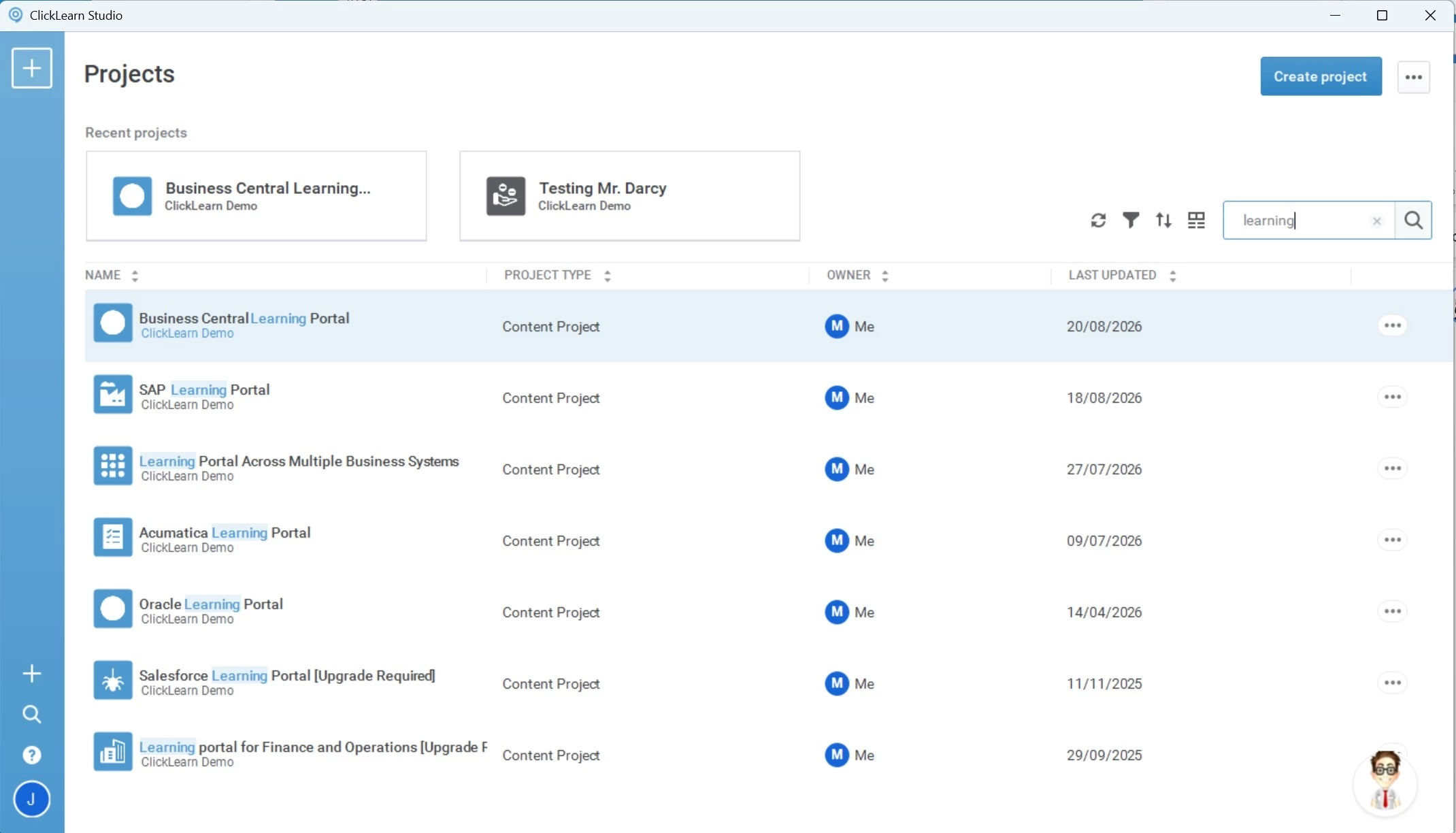 ClickLearn Attain Studio projects view, organized by project cards