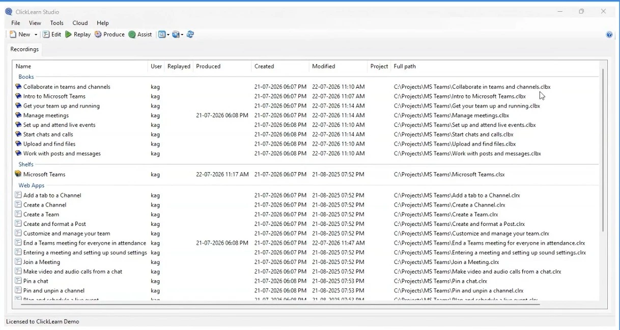 ClickLearn Classic Studio recordings list, organized by full file path