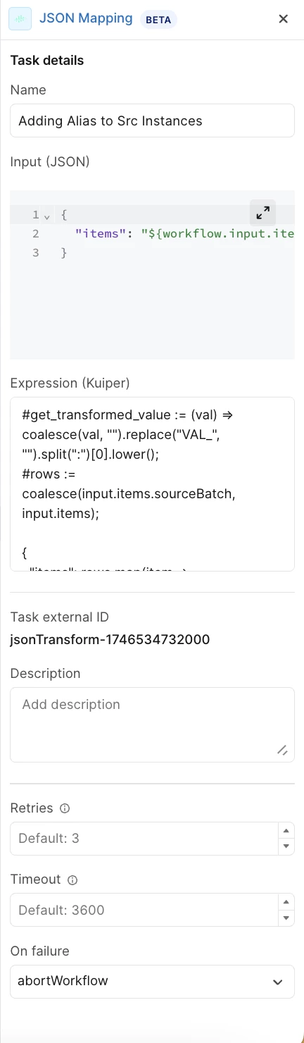 Data Workflows — JSON Mapping task configuration panel