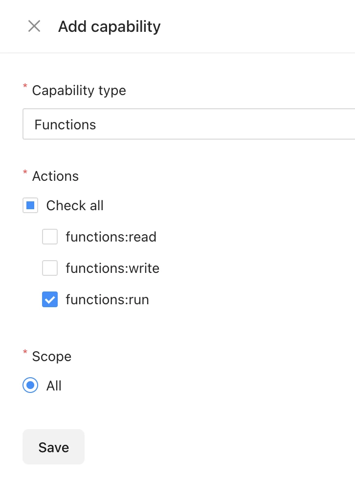 Functions — Access Scoping with execution-level capability control