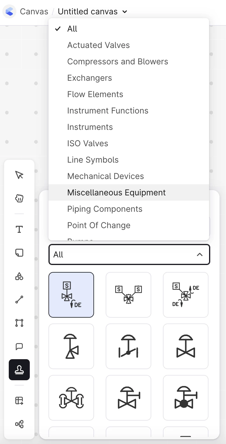 Industrial Canvas Symbol Library — categorized P&ID symbols