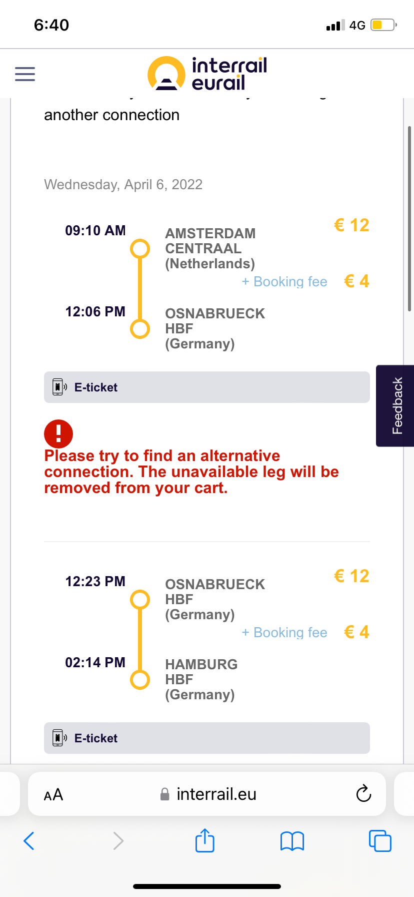 Reservation Amsterdam Centraal Hamburg HBF leg is cancelled