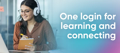 Woman taking notes from a laptop with the text "One login for learning and connecting"