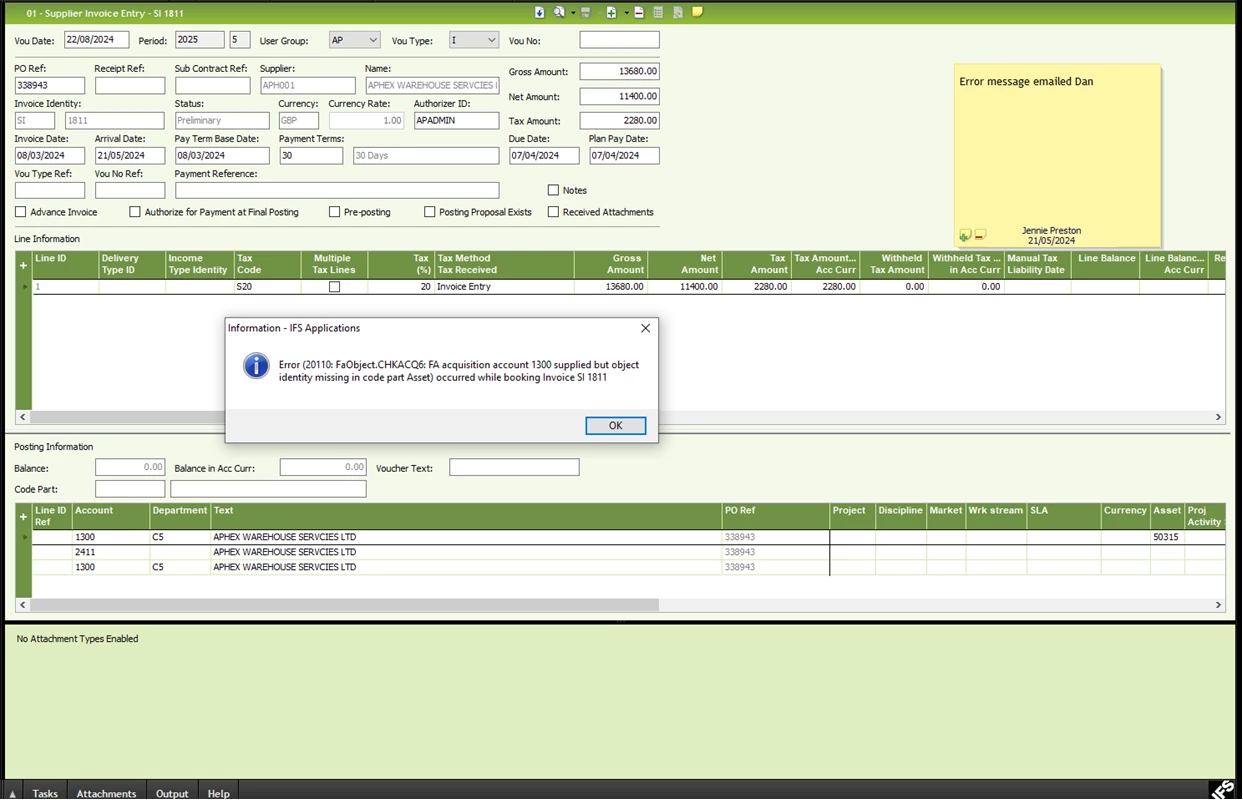 Error Message when post invoice | IFS Community