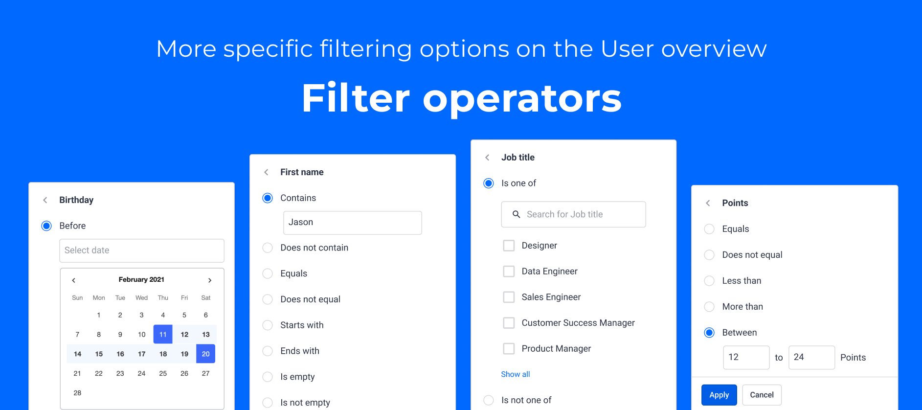 Filter operators on the User overview