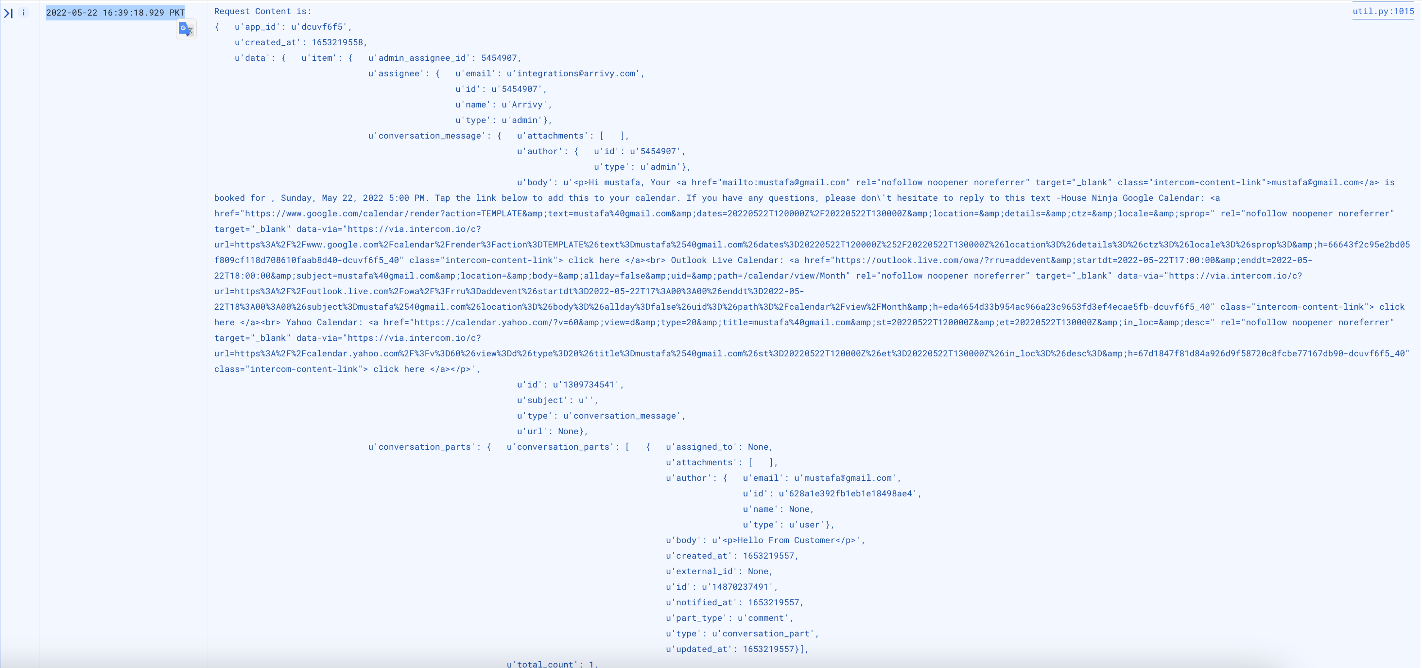 Webhook payload and time received