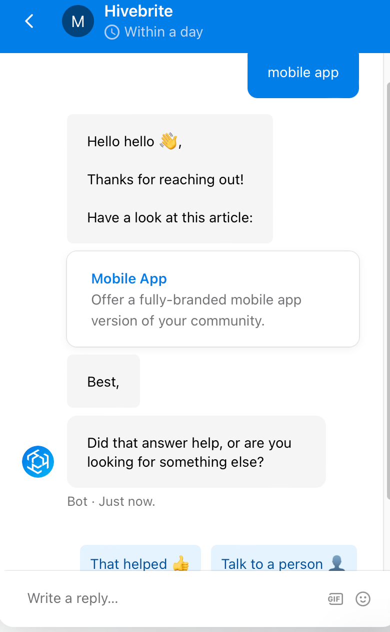 Chatbox pushing the automated reply including the article