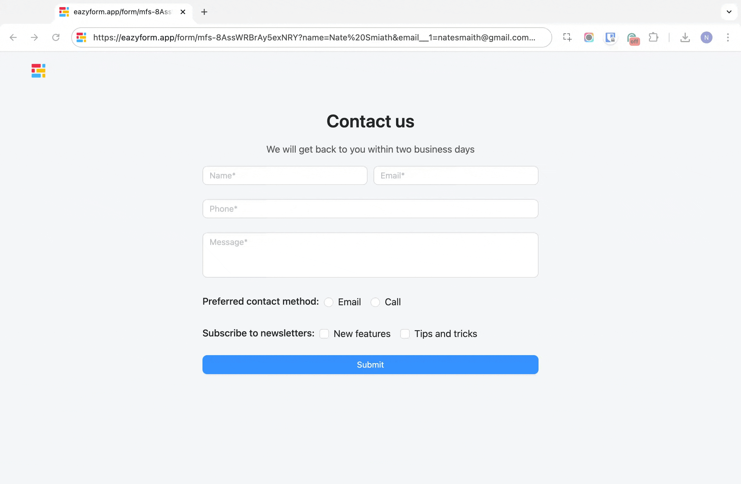 A form loaded with URL parameters