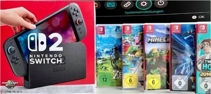 Die Nintendo Switch mit Halterung und unterschiedlichen aufgereihten Spielen.