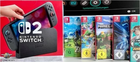 Die Nintendo Switch mit Halterung und unterschiedlichen aufgereihten Spielen.