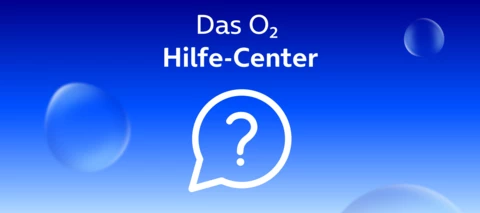Das O₂ Hilfe-Center Schriftzug auf Blauverlauf mit weißem FAQ-Icon darunter