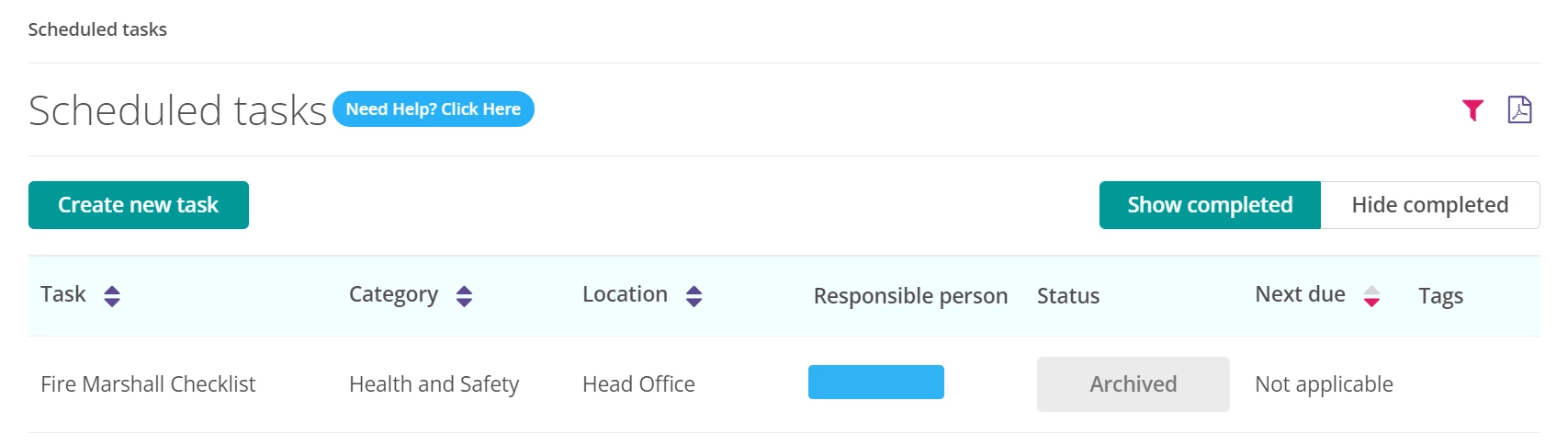 Archived task showing.