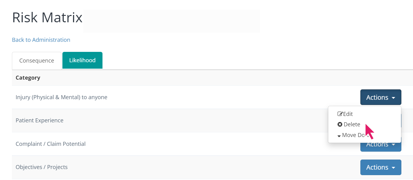 Deleting a Risk Matrix Category.
