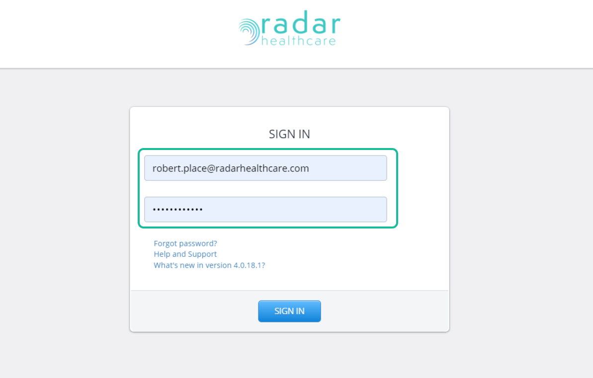 Sign In page for Radar Healthcare