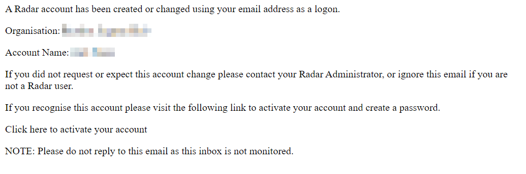 Example activation email