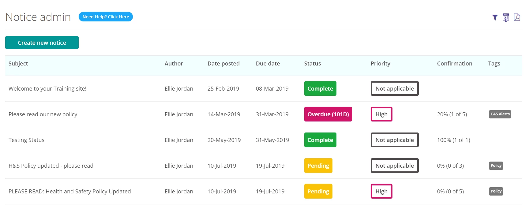 List of all notices.