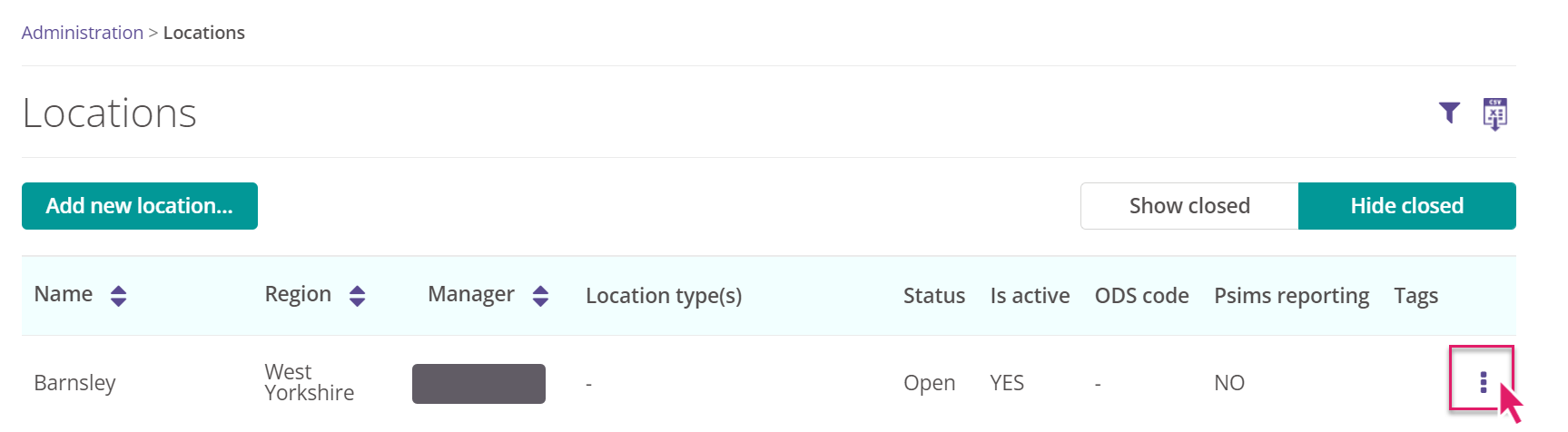 Selecting the 3-dot menu on a Location.
