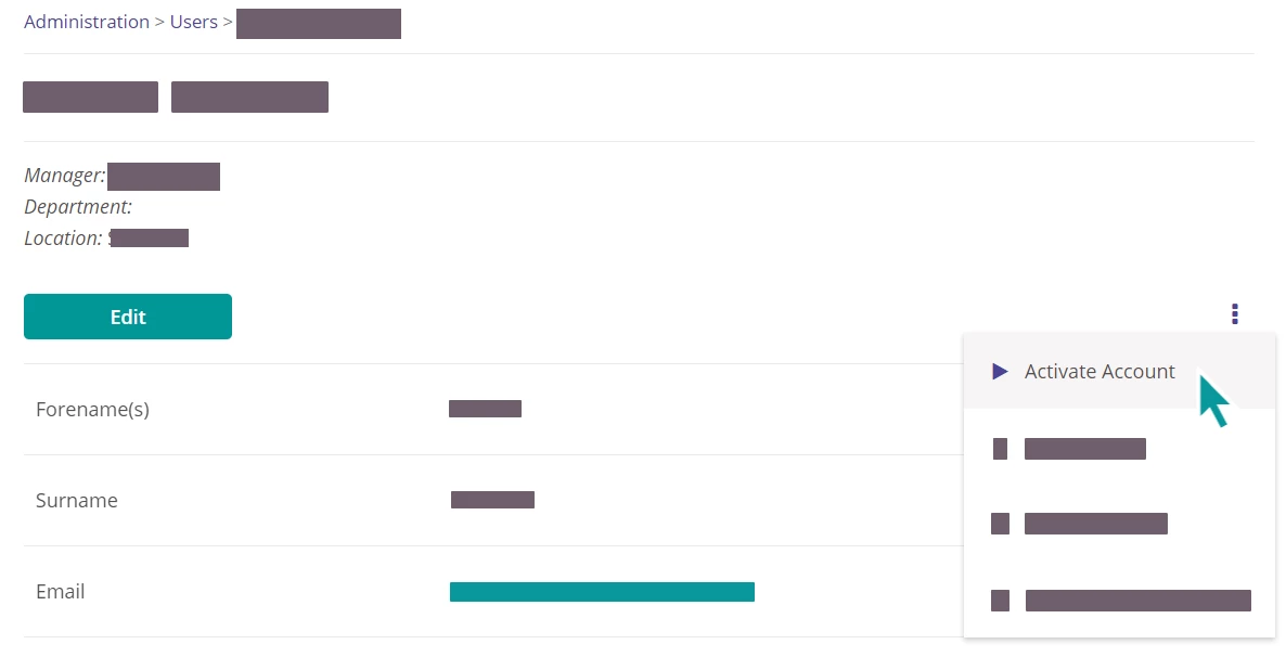 A user account with Activate Account highlighted.