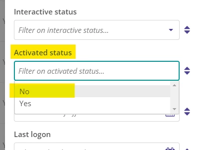 Filter showing Activation Status and No highlighted.