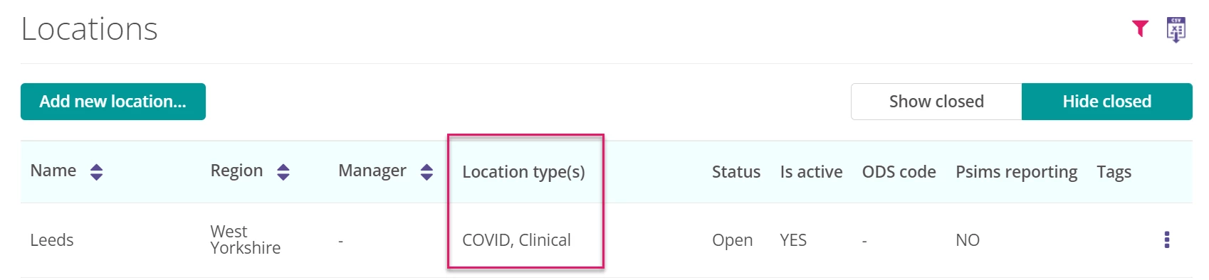 Location types showing.