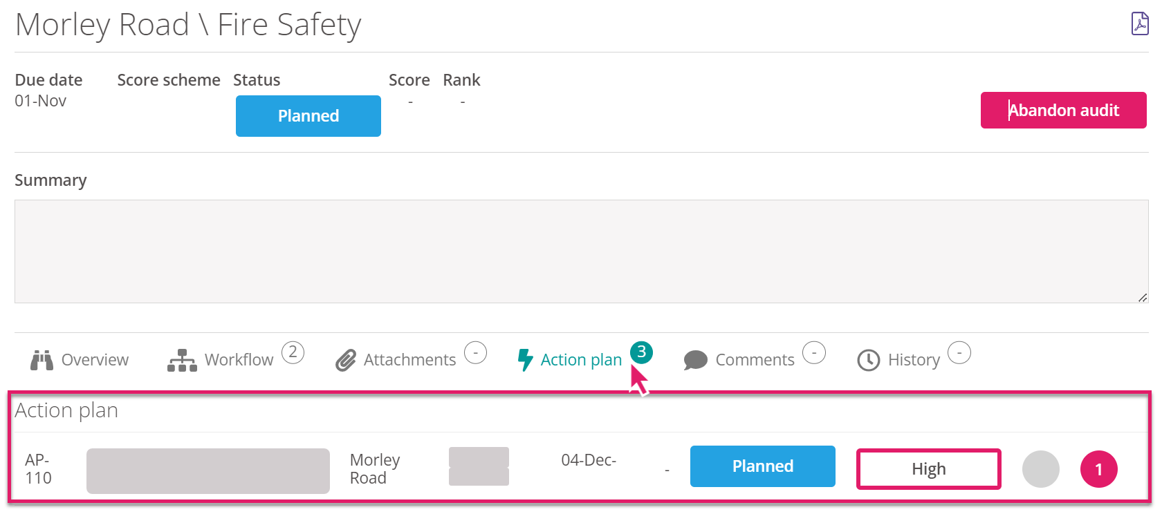 Actions showing on the audit.