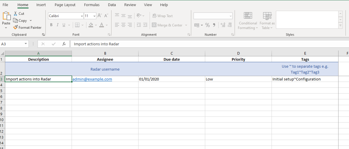 Example details on the spreadsheet.