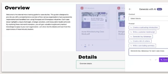 Showpad | May 2026 |AI-powered content generation for page blocks (text and image)