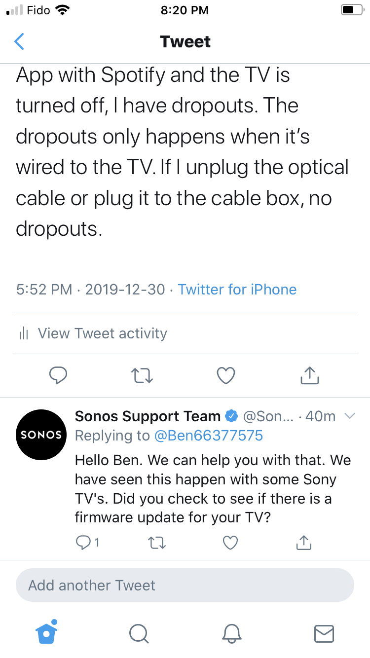 dropouts when the optical cable TV | Sonos Community
