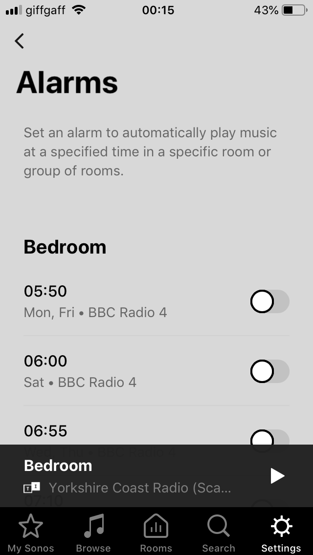Alarms in System Settings with 10.4 | Sonos