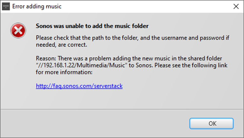 S1 system has been working fine for years, but now will not connect to music So deleted it and trying to reconnect it say s there is a problem accessing the