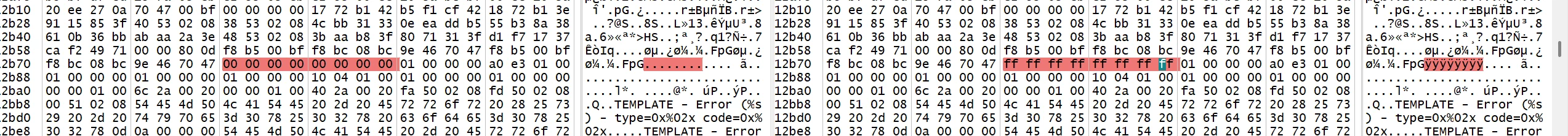 comparison between the compiled binary (left) and what is written in flash (right)