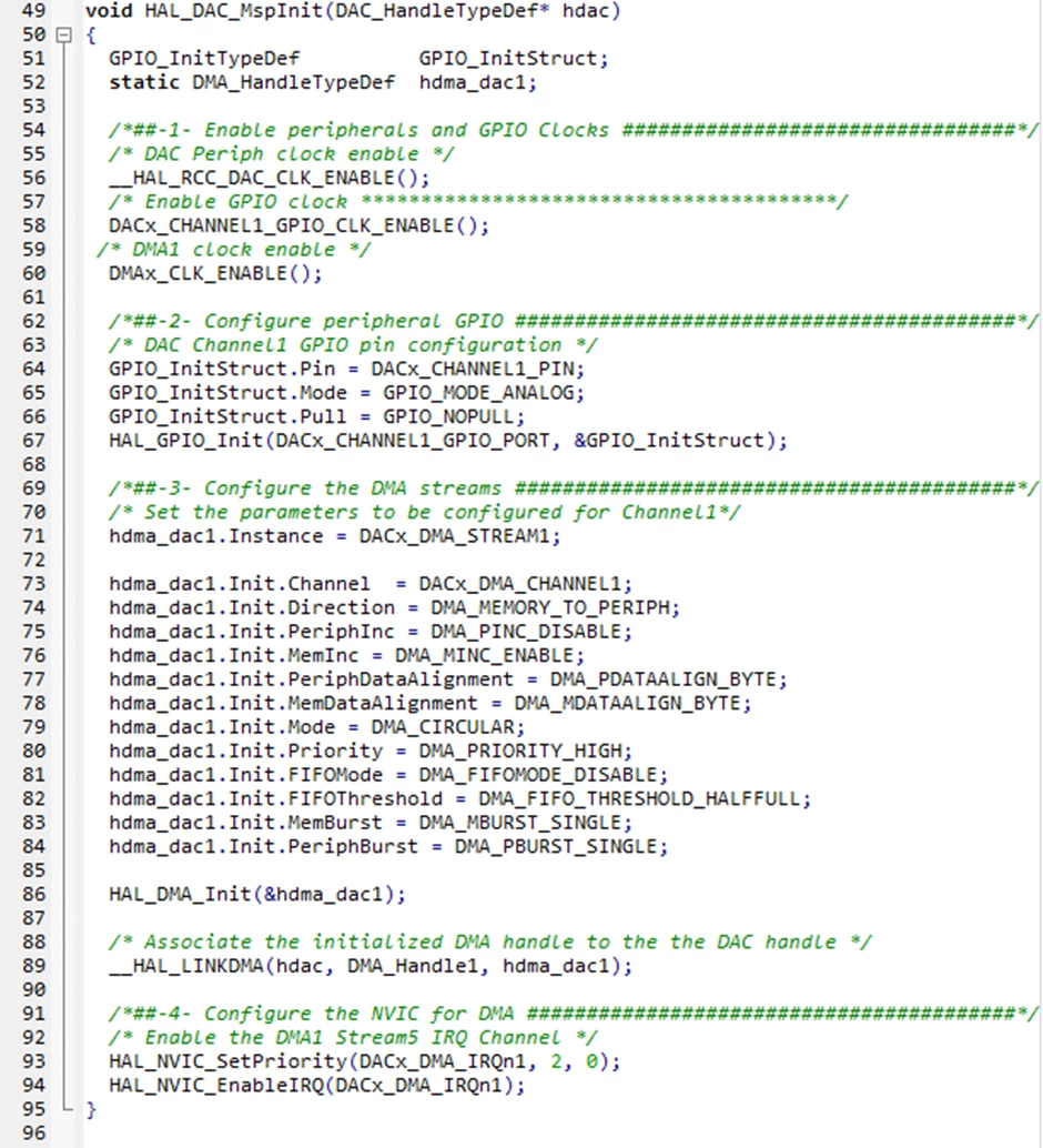 Figure 7:&nbsp;Original source code without the ioc: DAC DMA configuration inside stm32f4xx_hal_msp.c file.
