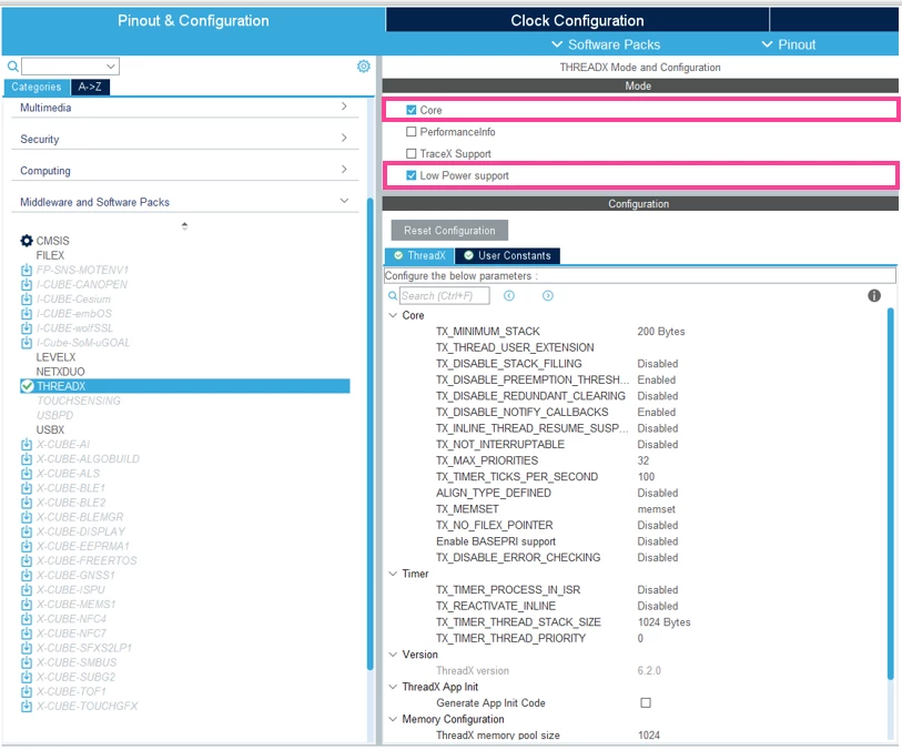 Figure 4: Enable core THREADX services and enable the low power support.