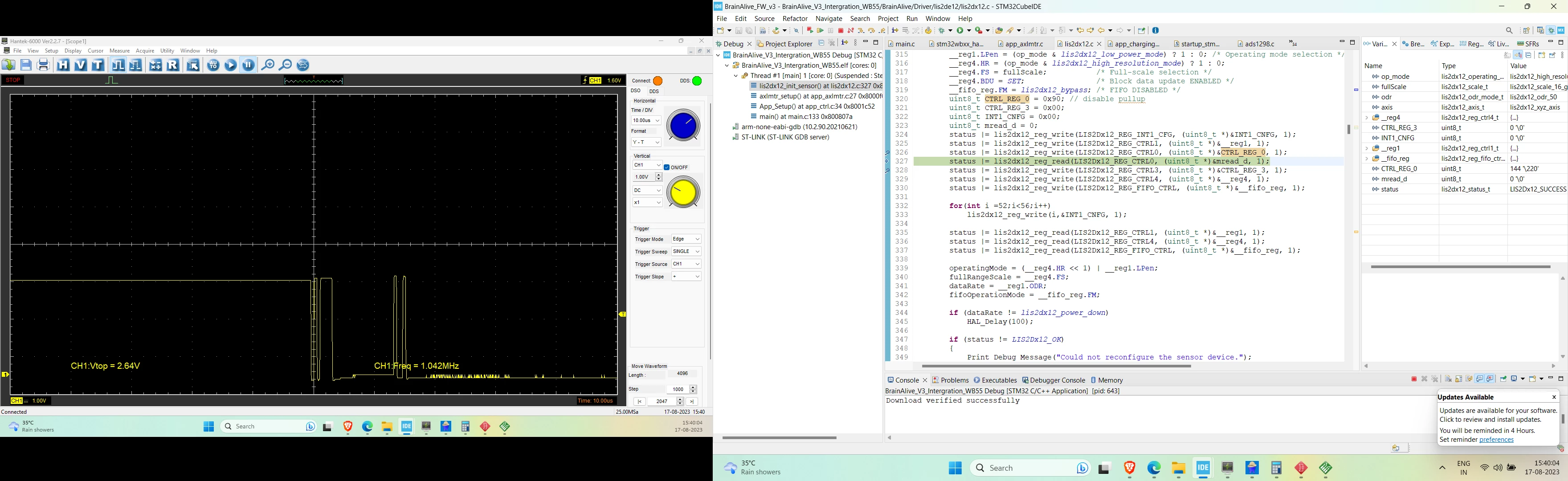 In this screenshot i am writing some value in the register. and in the left side you can see the scope this is the MOSI pin