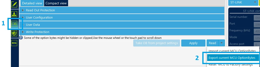 Figure 1. Exporting option bytes in the “OB” menu