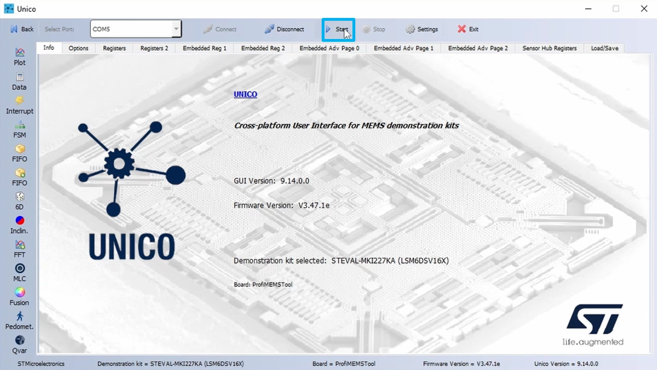 Unico-GUI: Start button