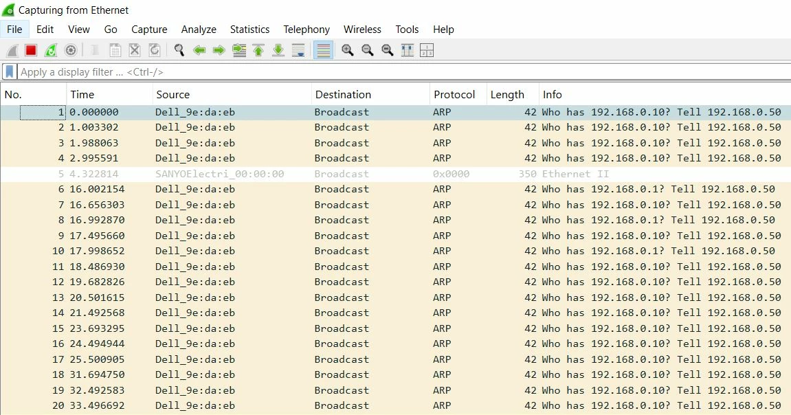 Wireshark packet while sending echo command from Laptop to the MCU